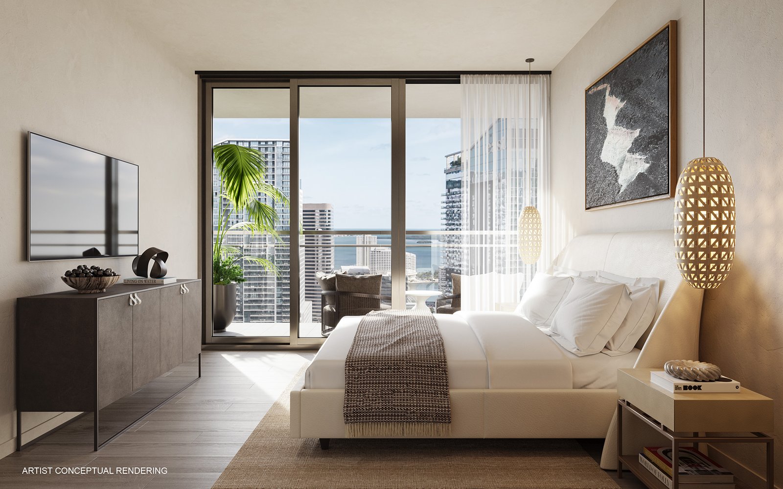 A penthouse bedroom at Lofty Brickell — developer rendering