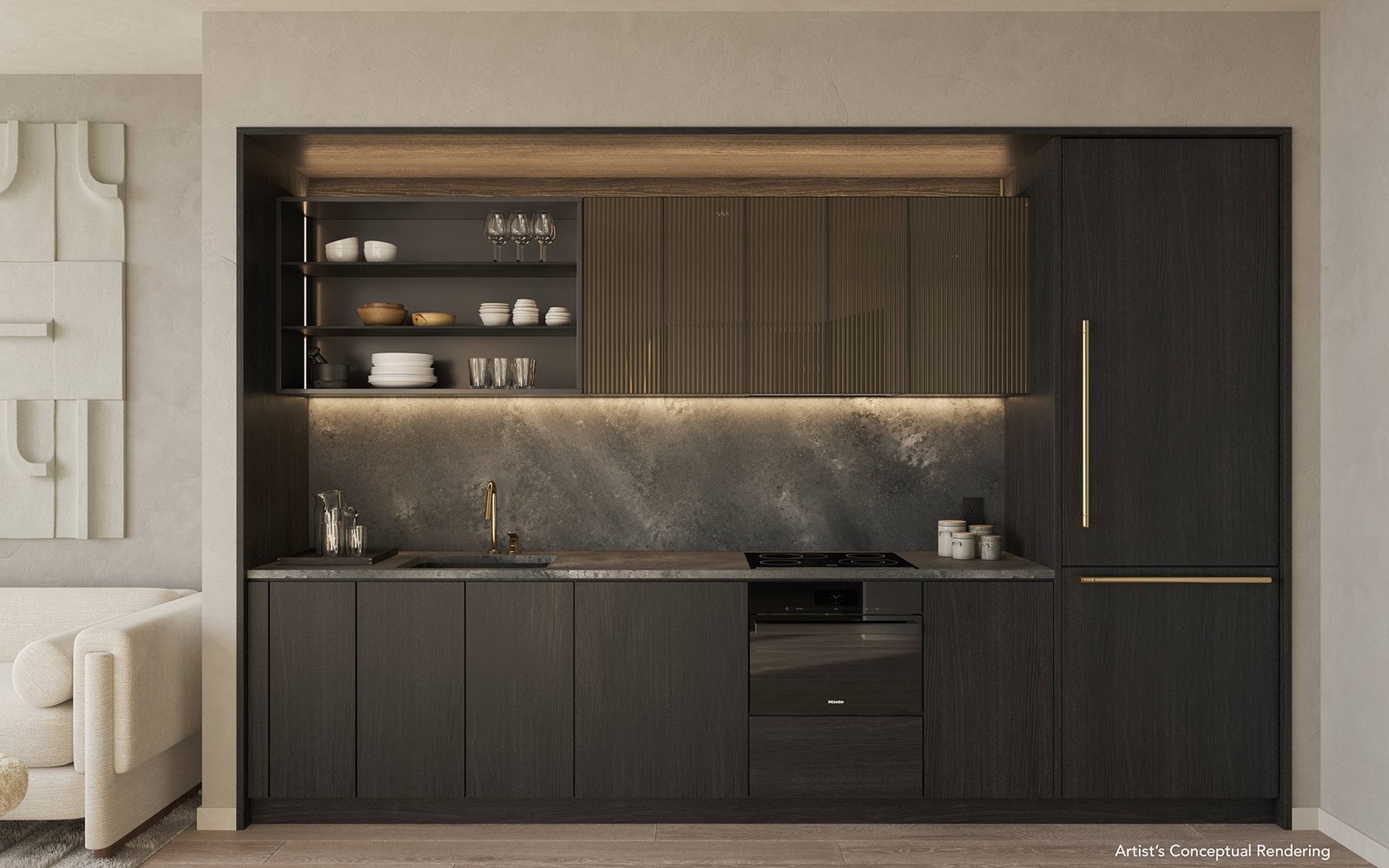 A residence kitchen at Lofty Brickell — developer rendering