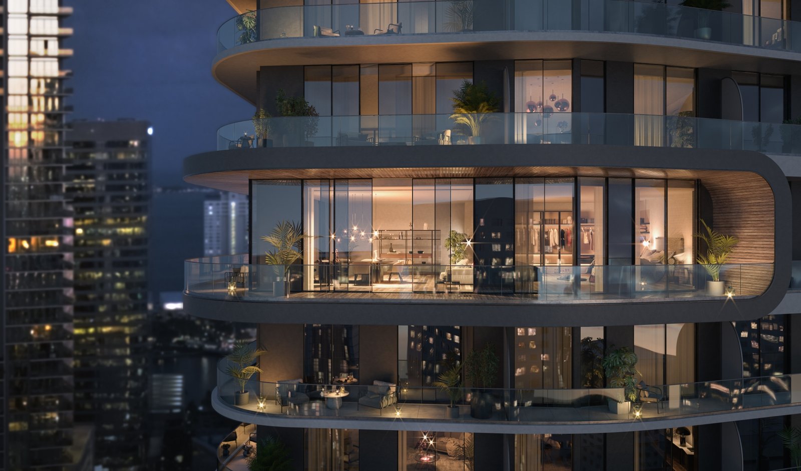 Balconies at Lofty Brickell at night — developer rendering
