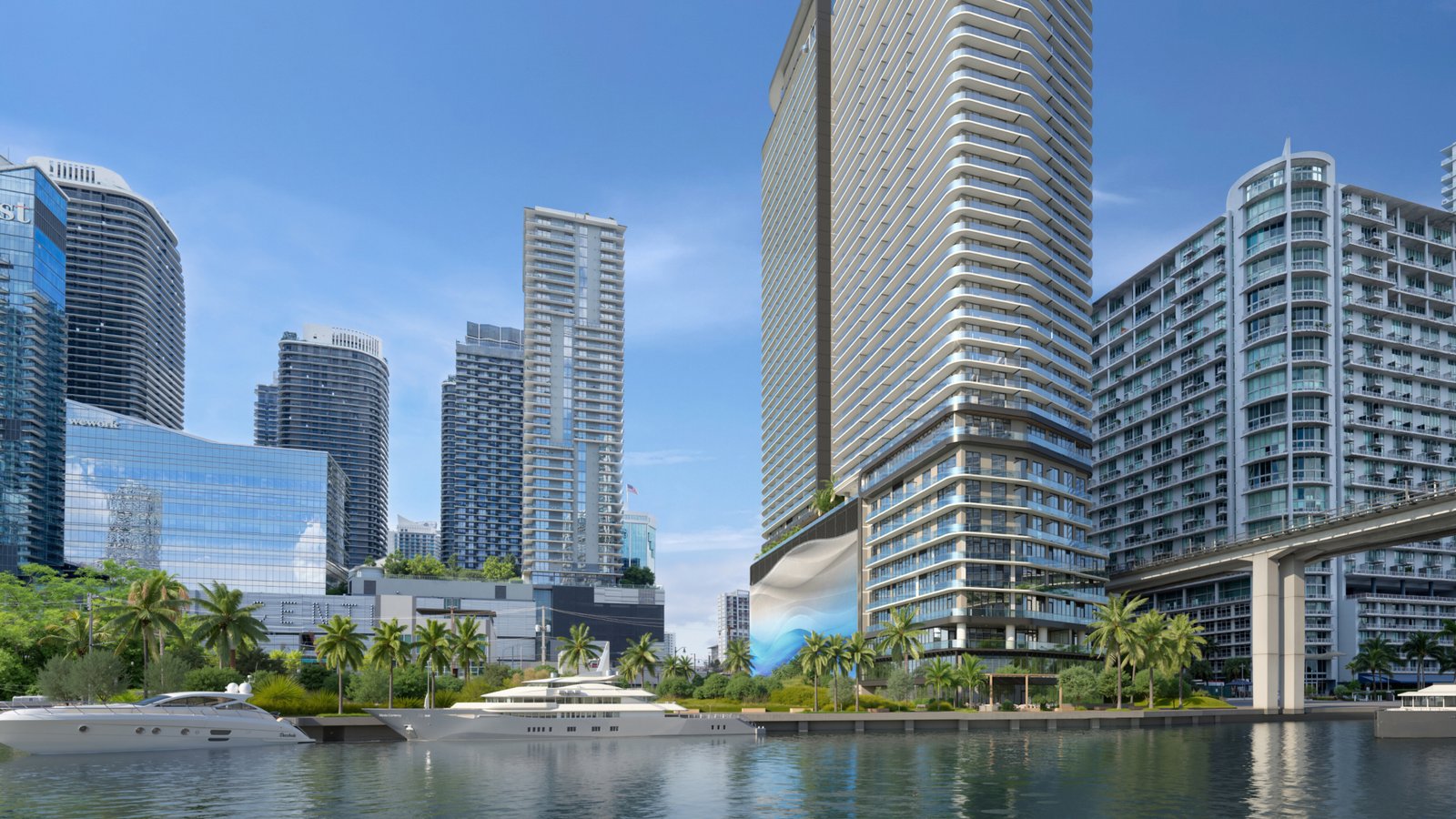 Lofty Brickell above the river walk — developer rendering