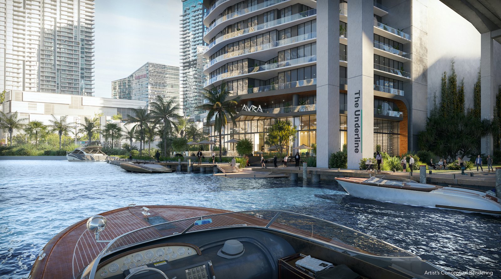 Lofty Brickell approached from the river — developer rendering