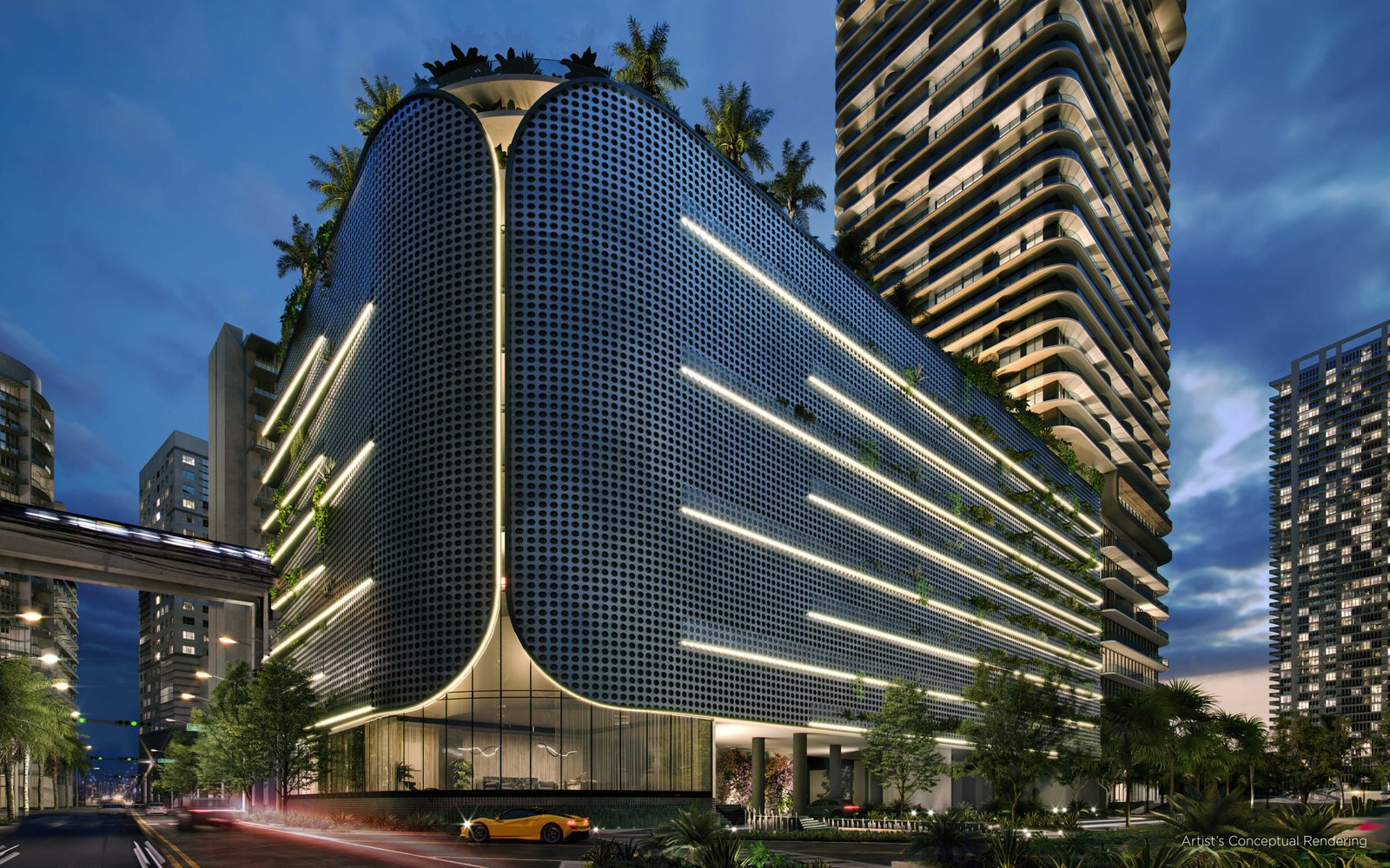The illuminated facade of Lofty Brickell — developer rendering