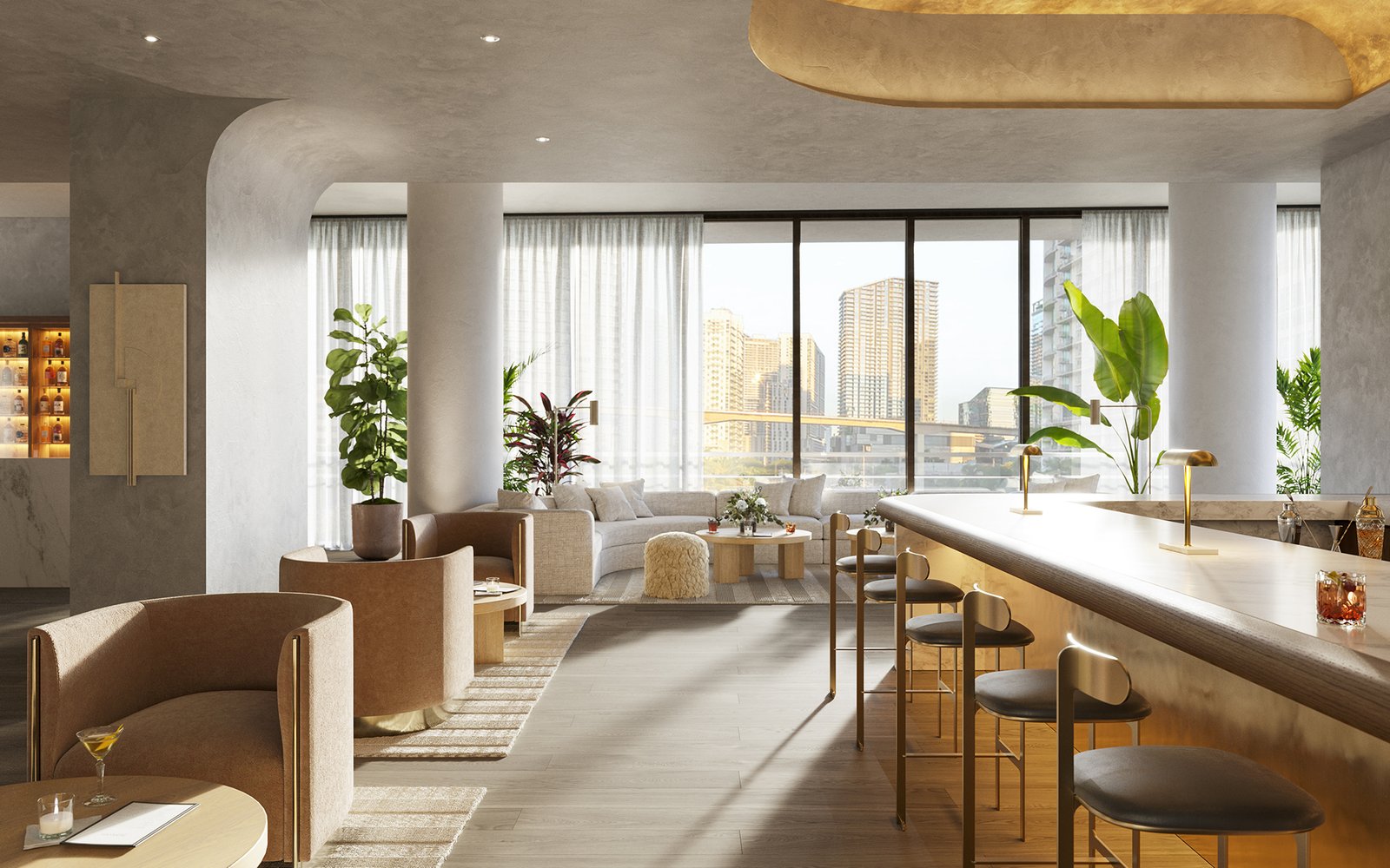 The welcome and check-in lounge at Lofty Brickell — developer rendering