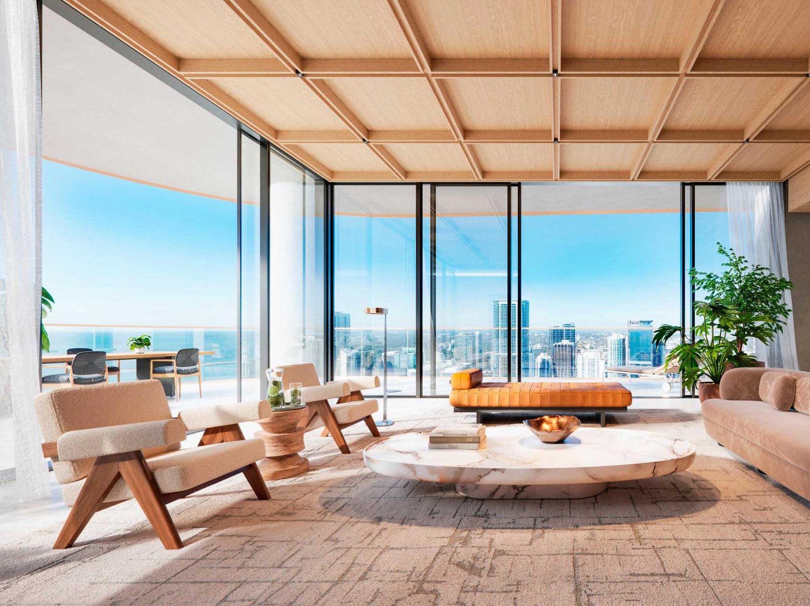 - The Residences at Mandarin Oriental, Miami Mandarin Oriental Miami living space with bay views — developer rendering