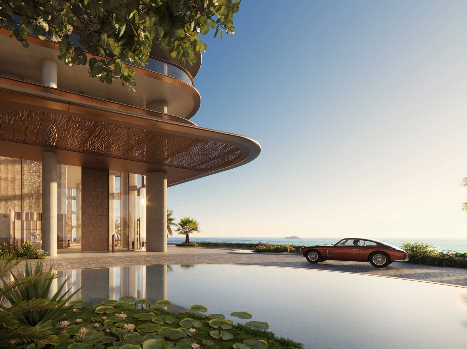- The Residences at Mandarin Oriental, Miami Brickell Key island context with the Mandarin Oriental towers — developer rendering