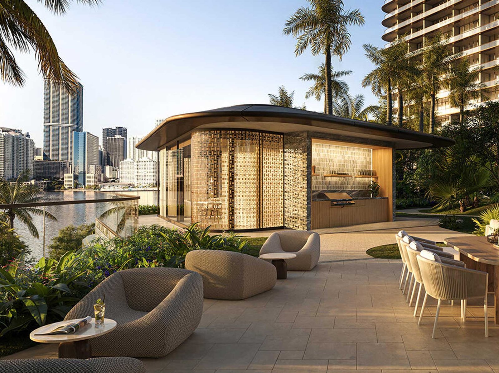 - The Residences at Mandarin Oriental, Miami Mandarin Oriental Miami two-tower massing on Brickell Key — developer rendering