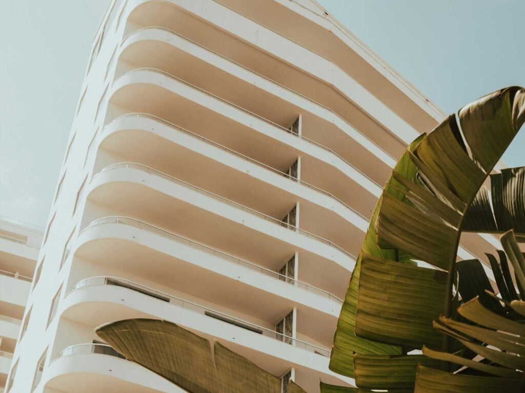 Curved balcony detail of a Miami Beach oceanfront building