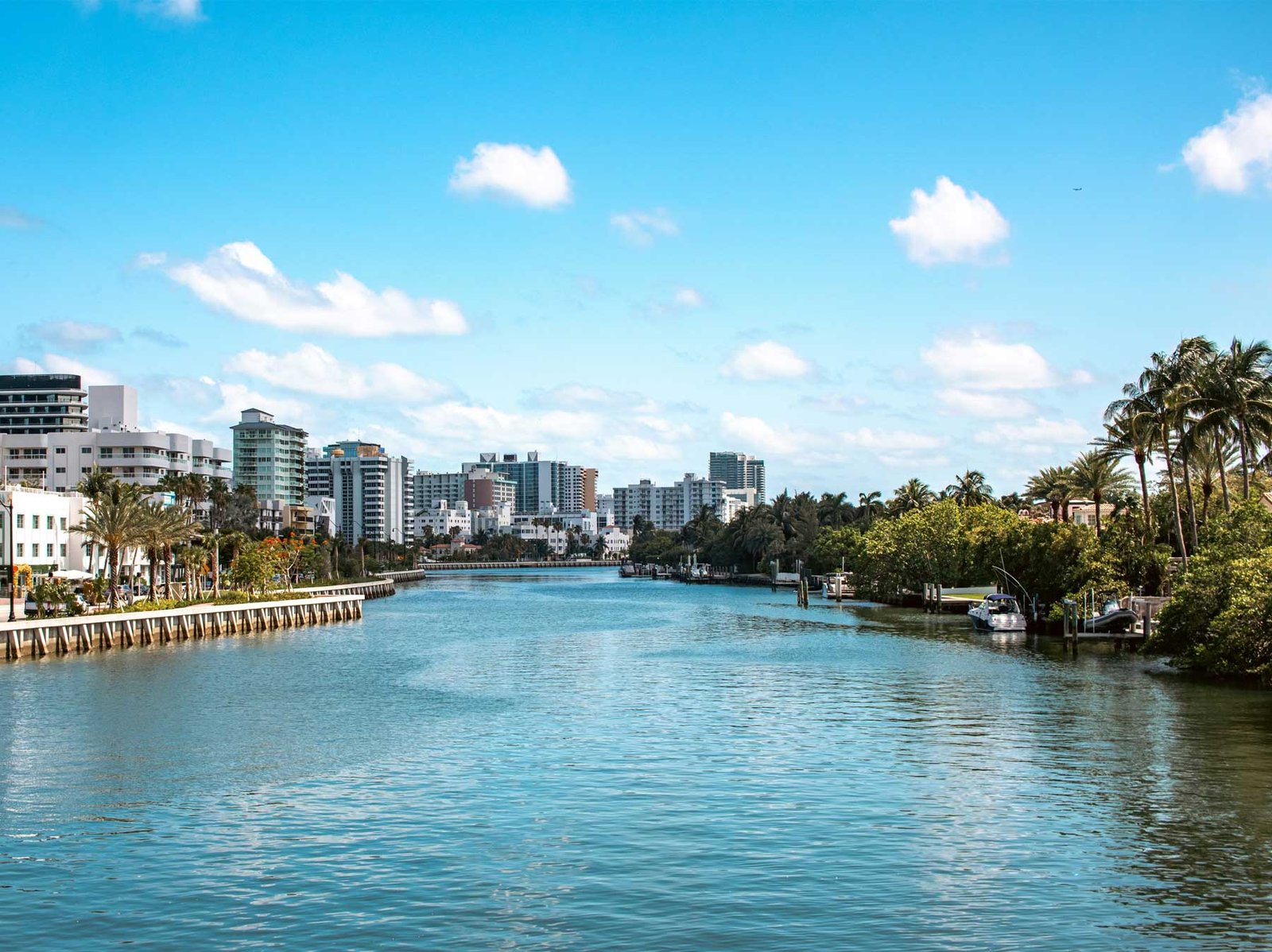 A residential Miami waterway lined with waterfront homes and towers