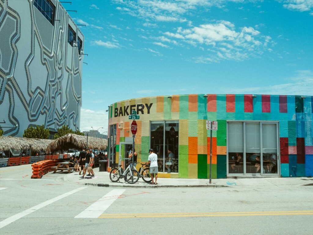 Colourful painted building and street corner in Wynwood, Miami