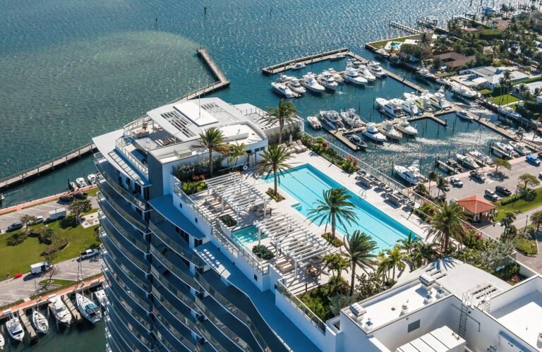Developer rendering of Nautilus 220 in West Palm Beach, aerial view of the towers and marina
