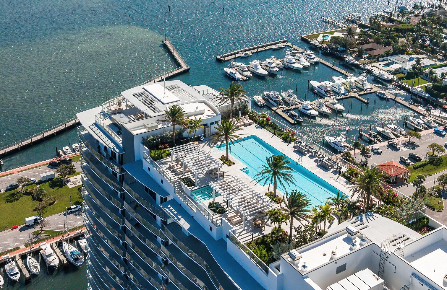 Nautilus 220 seen from above, with the marina alongside