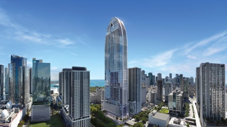 Developer rendering of Okan Tower in downtown Miami rising above the skyline