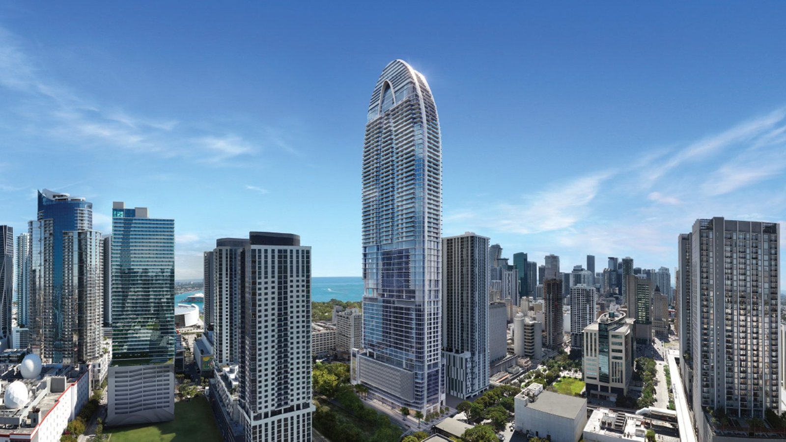 Developer rendering of Okan Tower in downtown Miami rising above the skyline