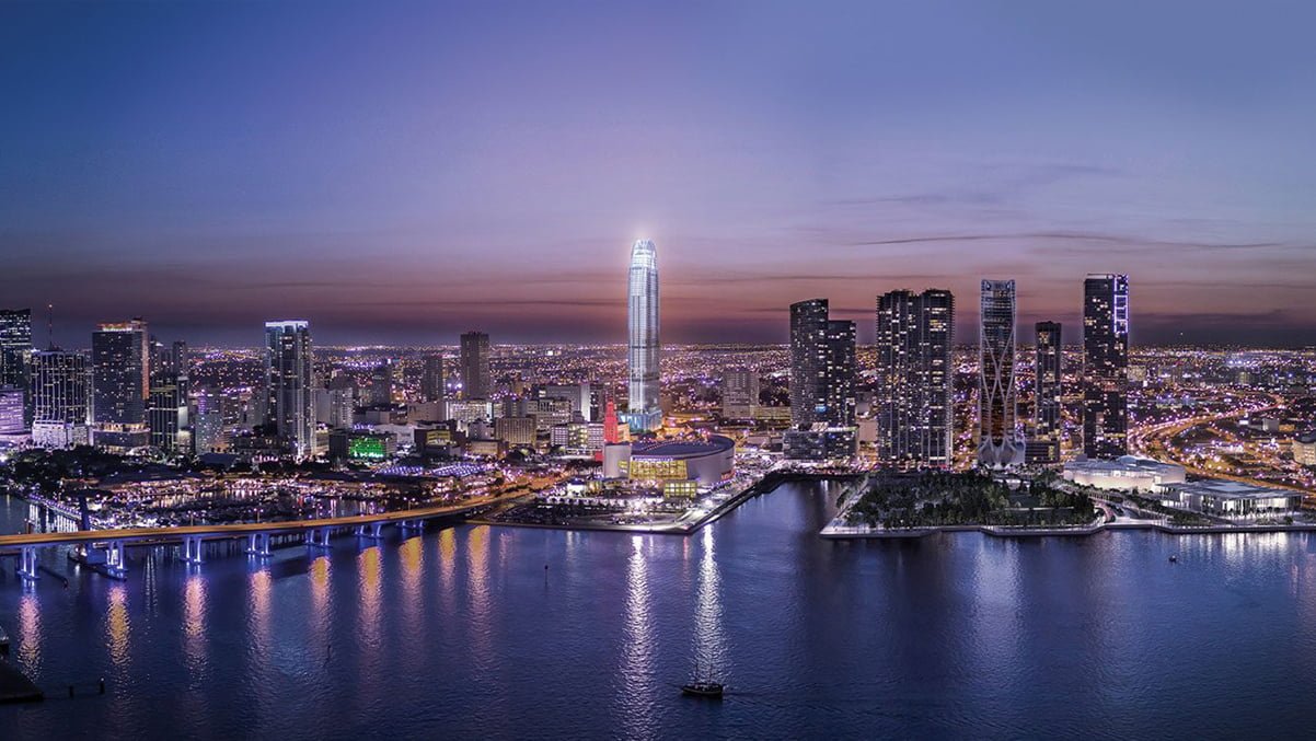 Downtown Miami at night with Okan Tower lit on the skyline