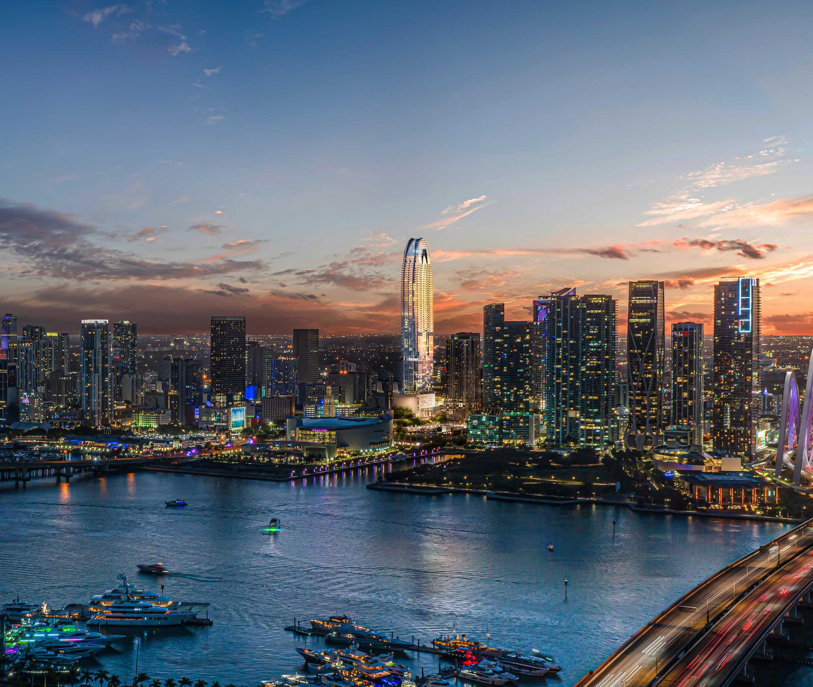Okan Tower above Biscayne Bay at dusk