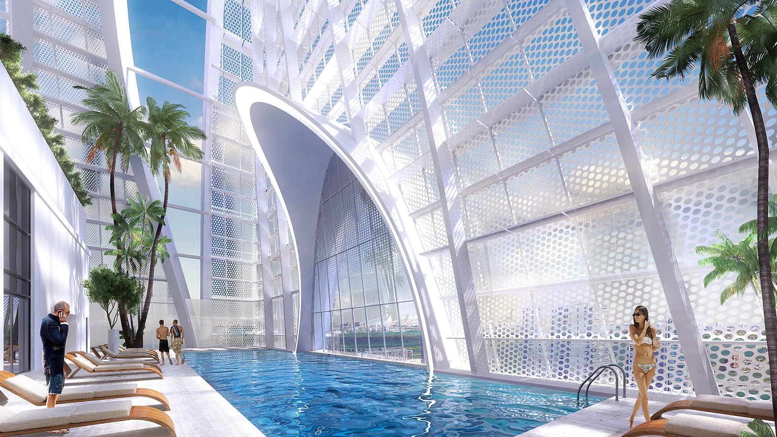 The pool set within the crown of Okan Tower