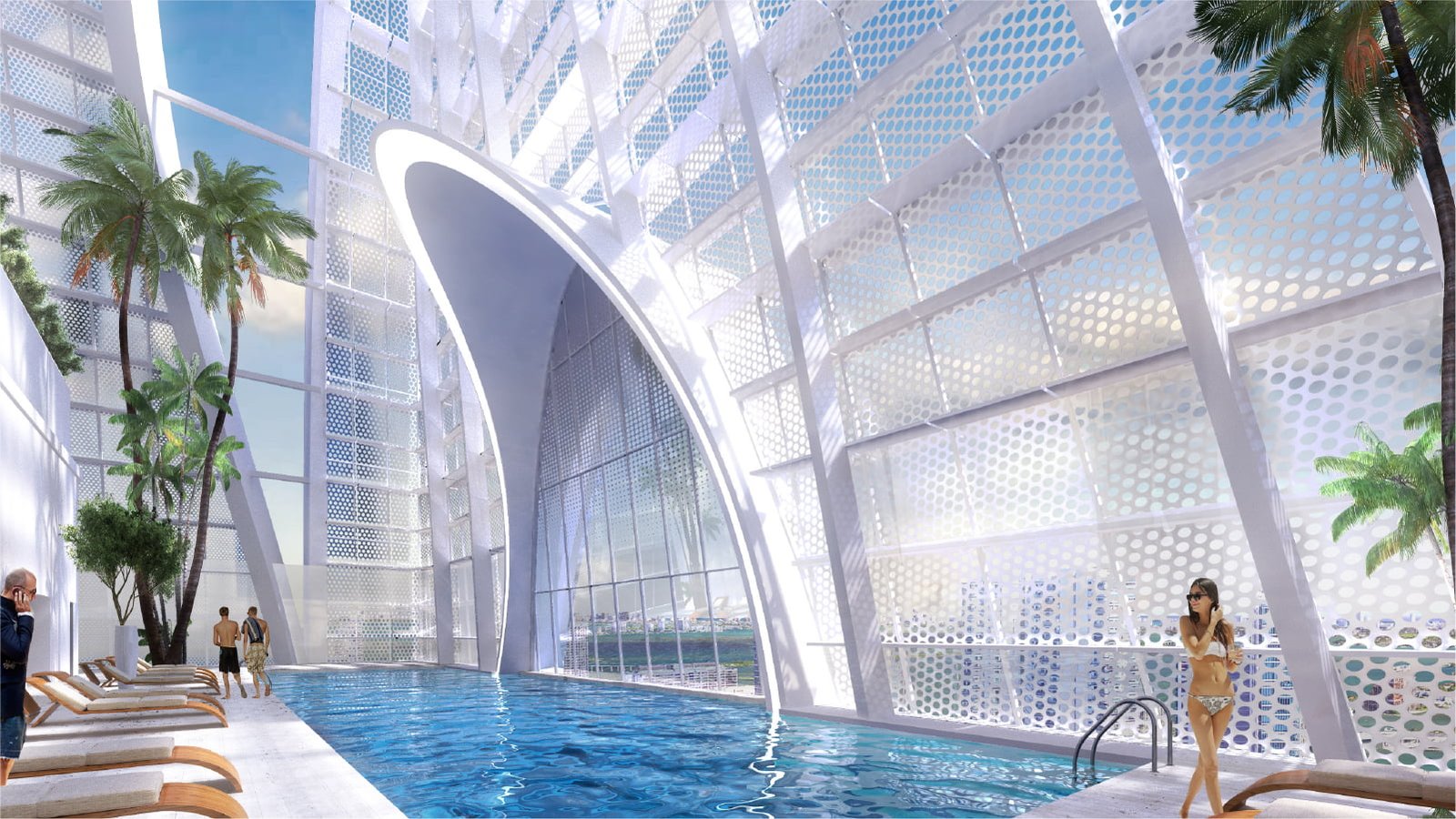 The pool within the tulip-shaped crown of Okan Tower