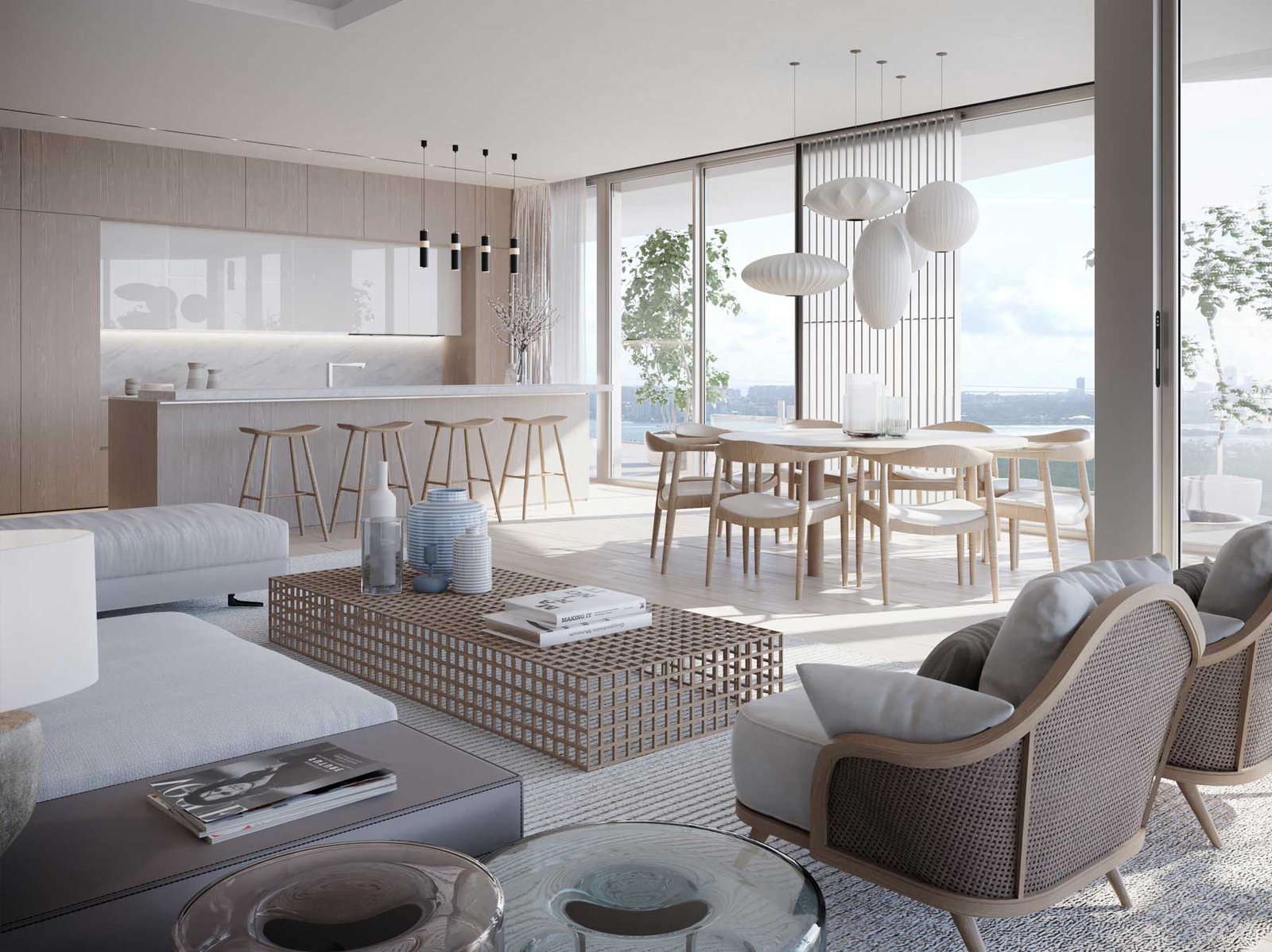 A residence living and dining room at ONE Park Tower by Turnberry — developer rendering