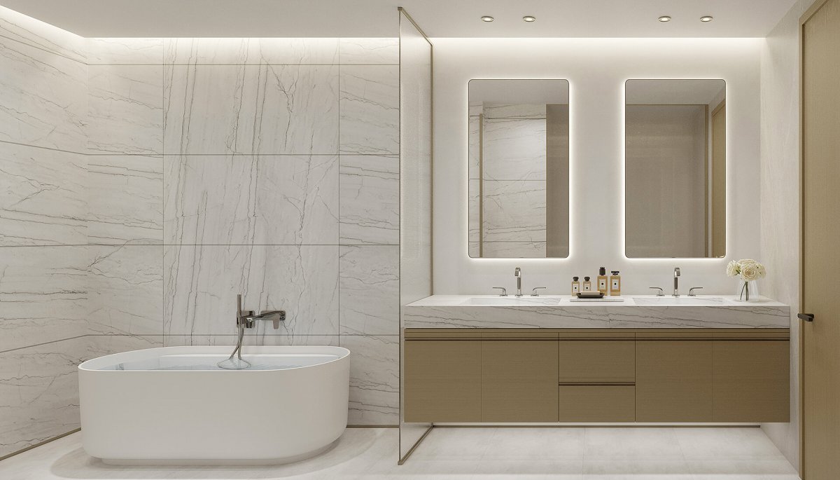 A primary bathroom at Origin Residences Bay Harbor — developer rendering