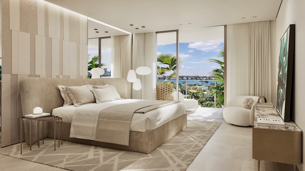 A primary bedroom at Origin Residences Bay Harbor — developer rendering