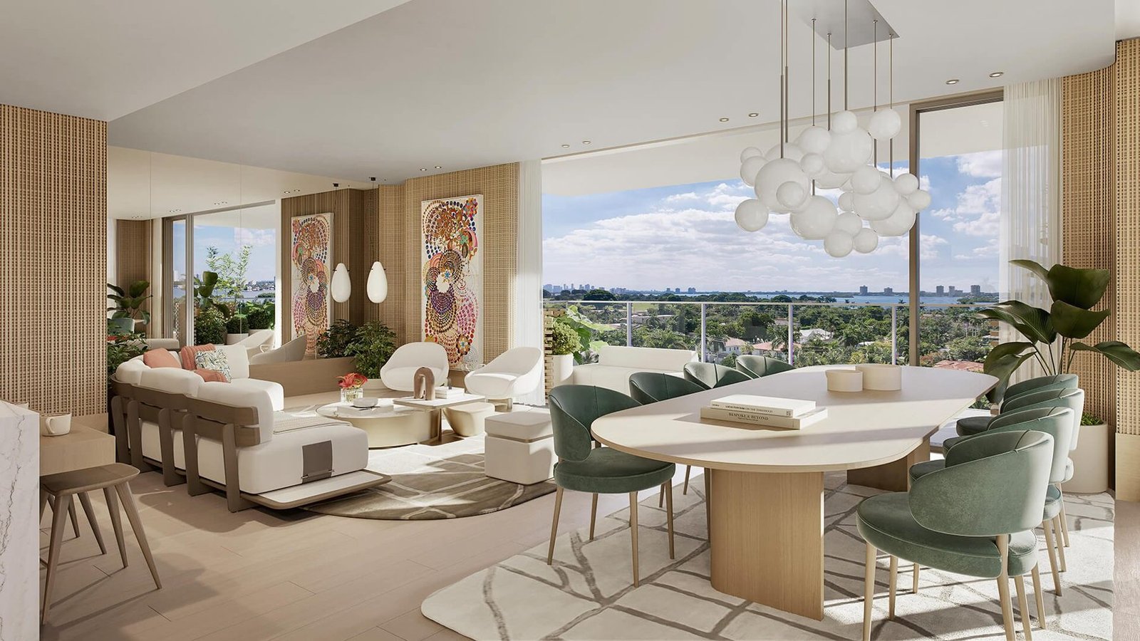 A residence dining room and terrace view at Origin Residences Bay Harbor — developer rendering