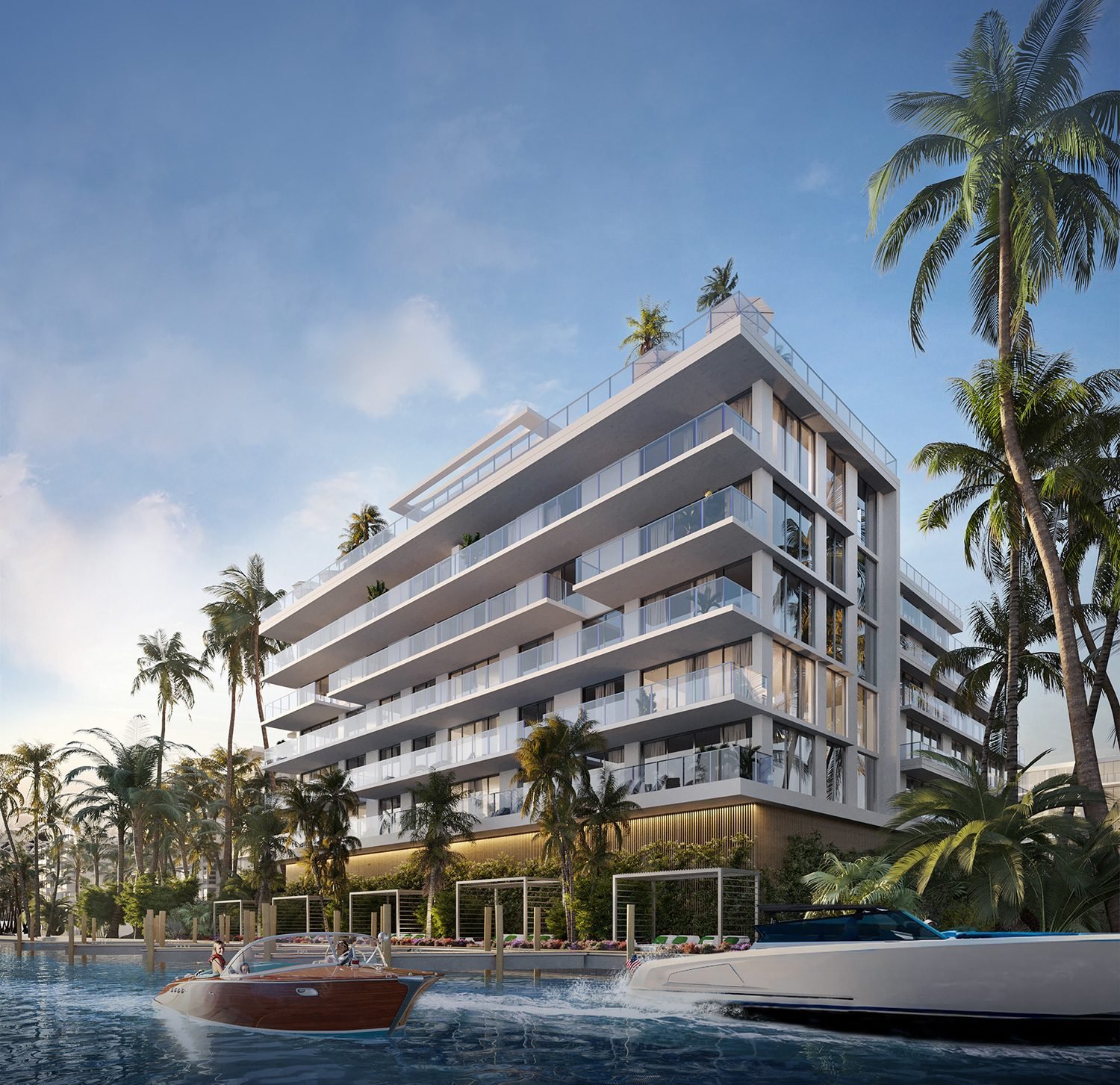 Origin Residences Bay Harbor seen from the water — developer rendering