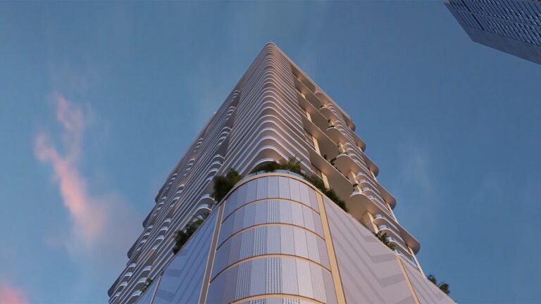 Developer rendering of Palm Tree Residences Miami in Park West, looking up the tower facade