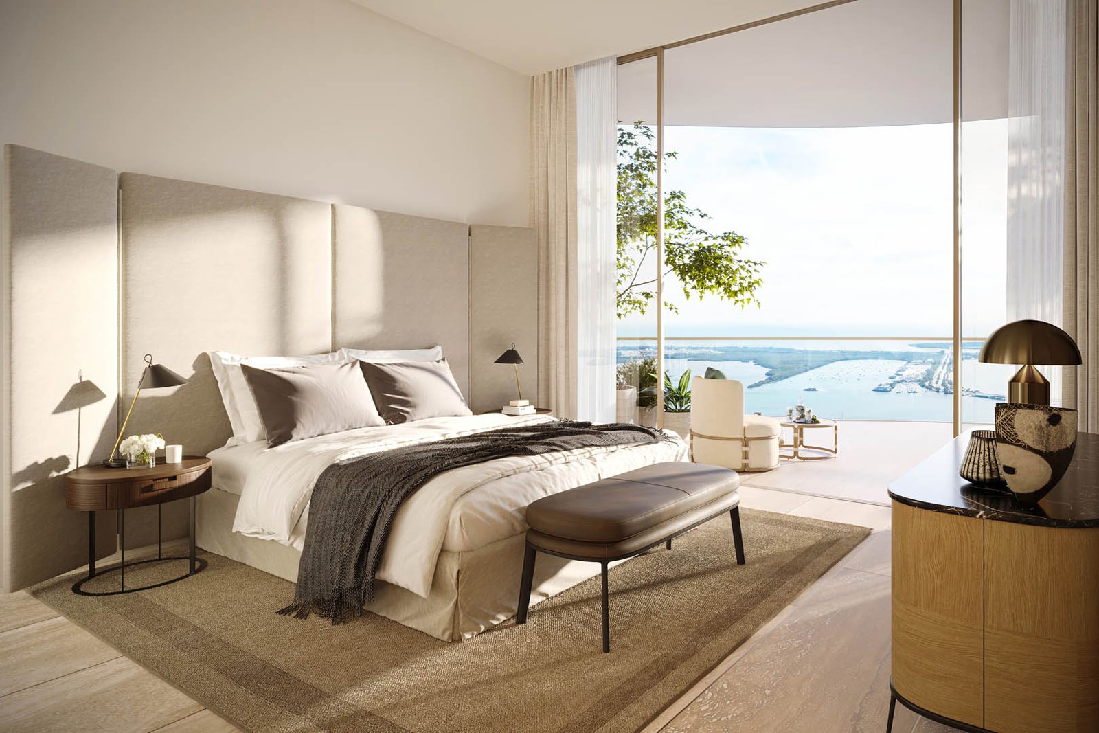 A primary bedroom at The Residences at 1428 Brickell — developer rendering