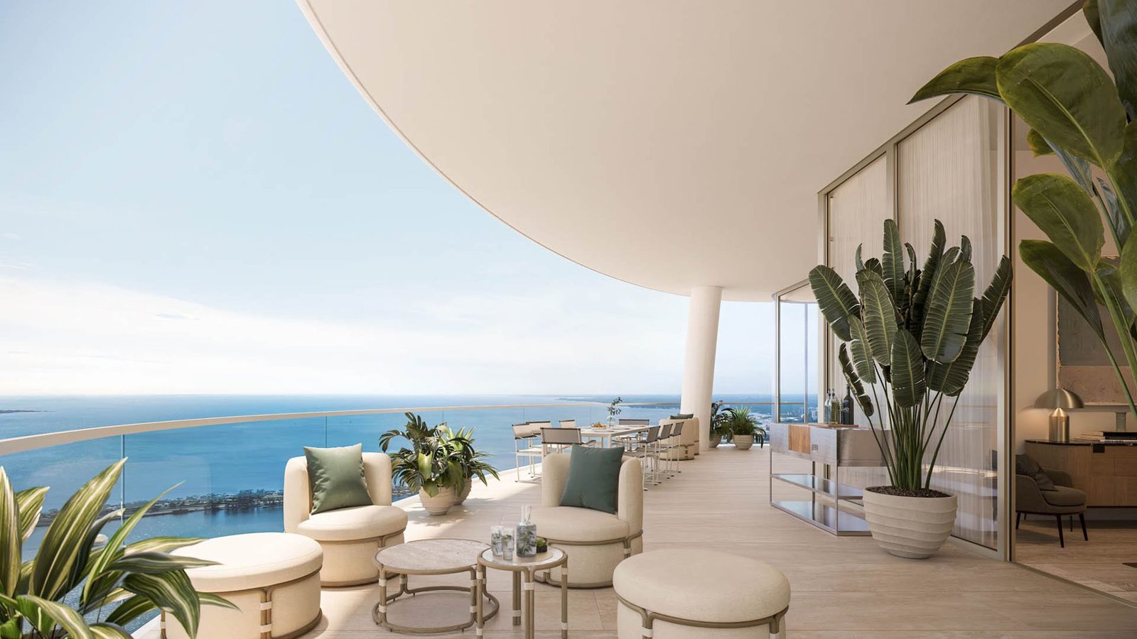 A residence balcony over Biscayne Bay at The Residences at 1428 Brickell — developer rendering