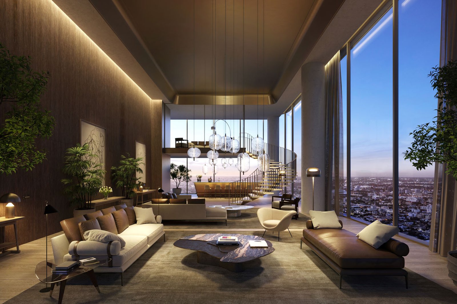 A residence living room and lounge bar at The Residences at 1428 Brickell — developer rendering
