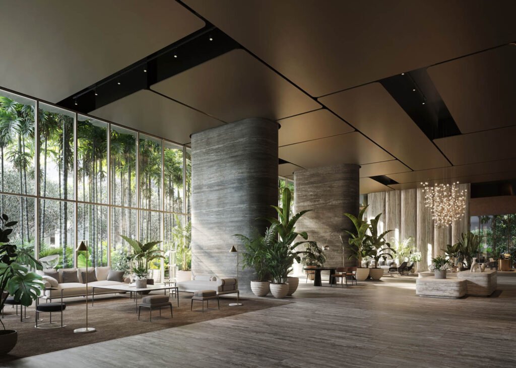 The lobby entrance at The Residences at 1428 Brickell — developer rendering