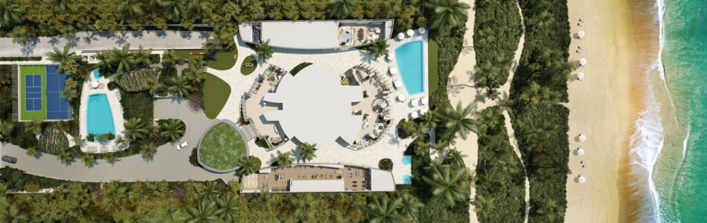 Rivage Bal Harbour amenity deck and pools seen from directly above — developer rendering