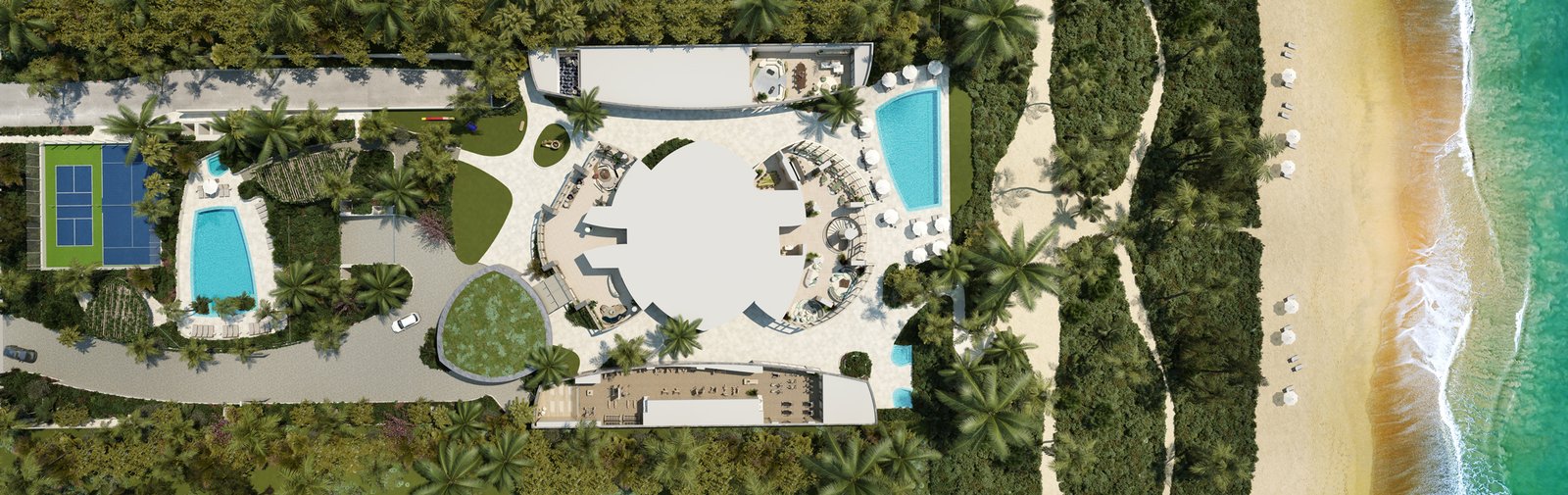 Rivage Bal Harbour amenity deck and pools seen from directly above — developer rendering