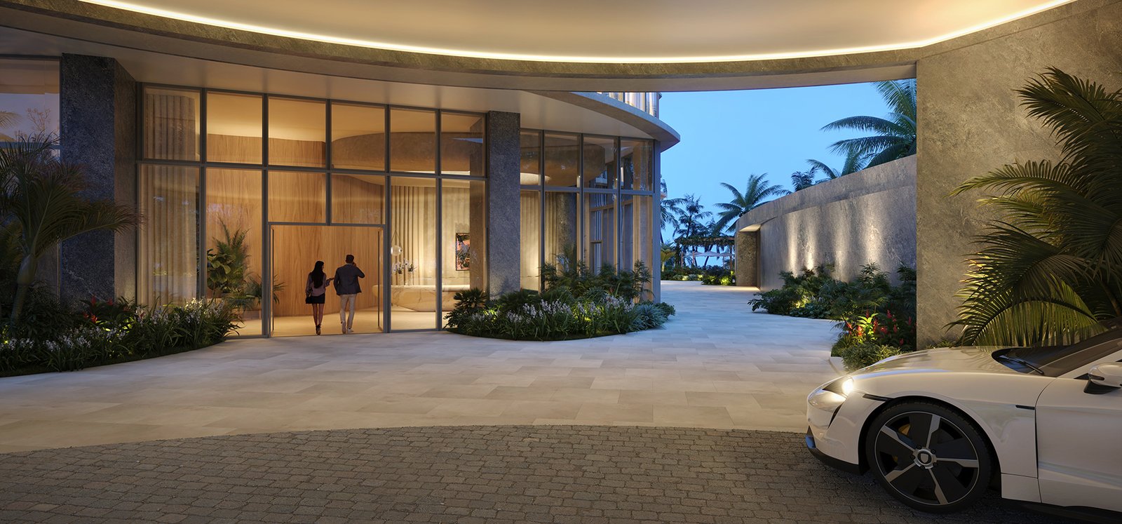Rivage Bal Harbour arrival court and porte-cochere at night — developer rendering