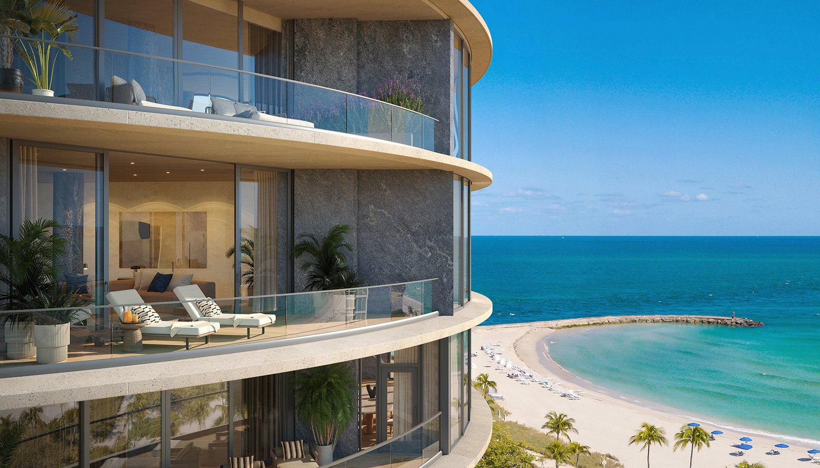 Rivage Bal Harbour balcony above the beach and the inlet — developer rendering