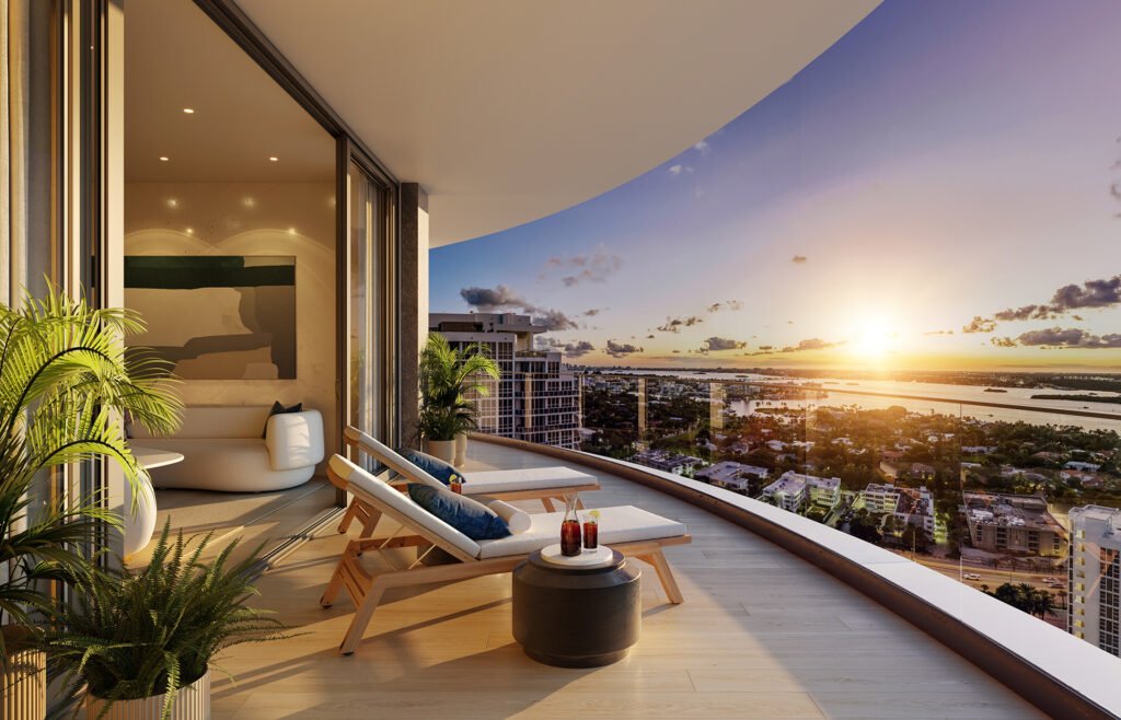 Rivage Bal Harbour balcony at sunset looking north along the coast — developer rendering