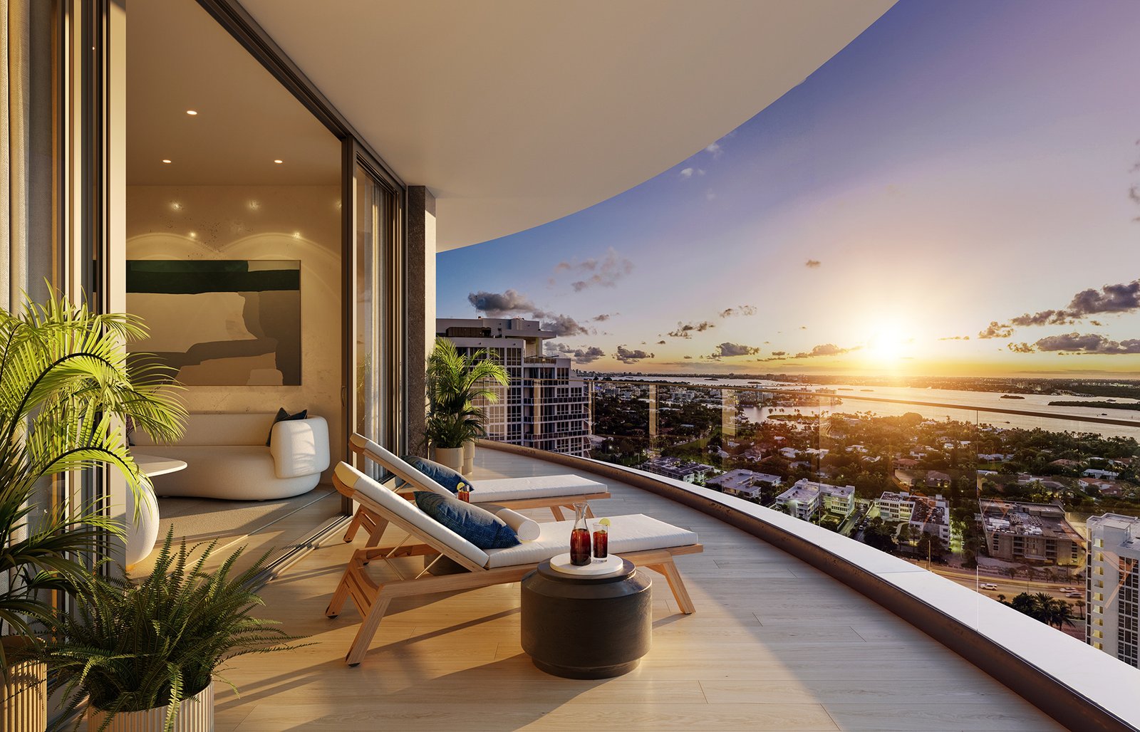 Rivage Bal Harbour balcony at sunset looking north along the coast — developer rendering
