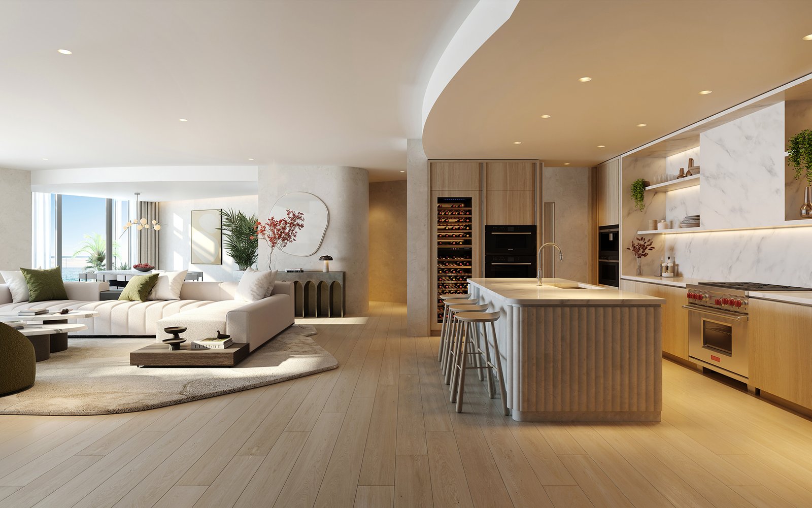 Rivage Bal Harbour kitchen — island, wine wall and integrated appliances, developer rendering