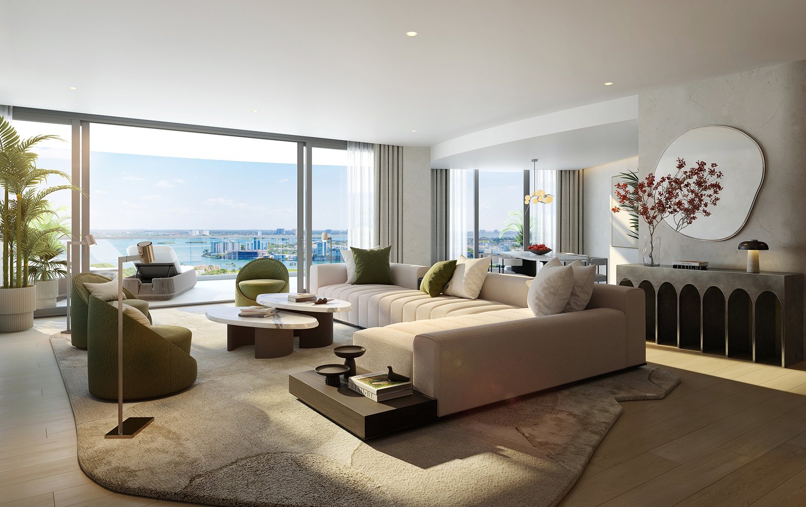 Rivage Bal Harbour living room with Biscayne Bay views, developer rendering