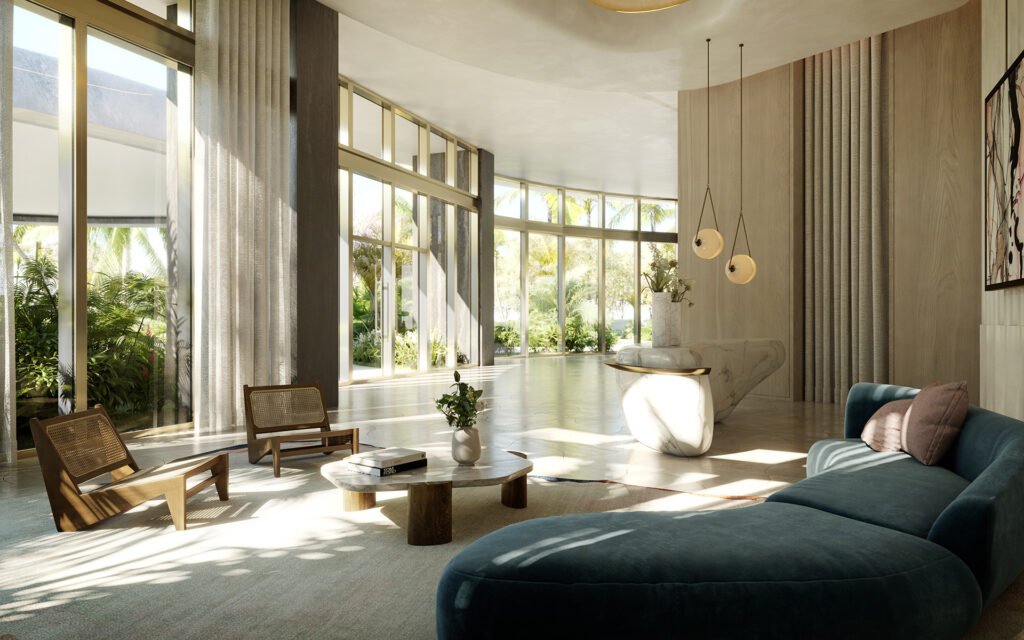 Rivage Bal Harbour lobby — double-height residents’ lobby — developer rendering
