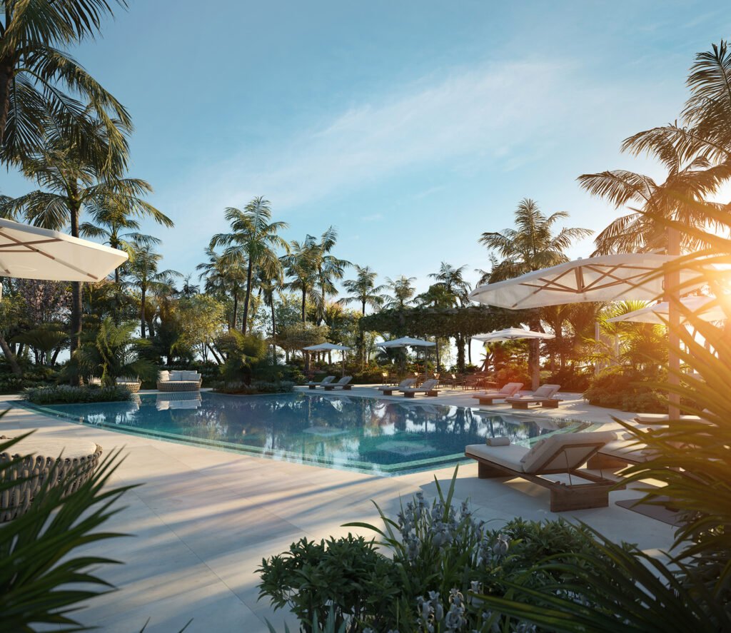Rivage Bal Harbour pool with cabanas and loungers — developer rendering