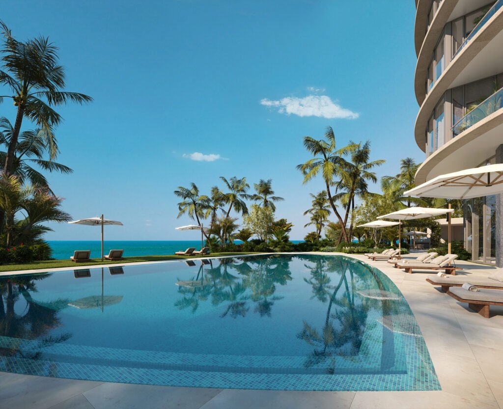 Rivage Bal Harbour pool deck and palms in daylight — developer rendering