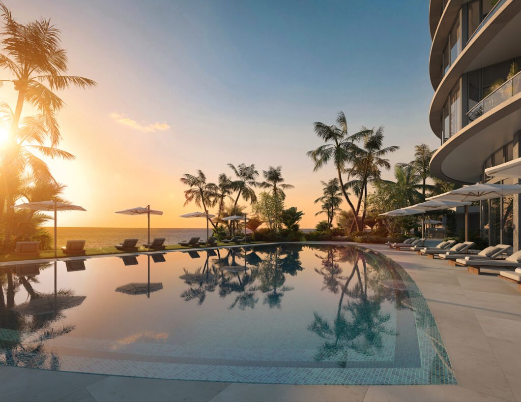 Rivage Bal Harbour pool with the tower rising behind it — developer rendering
