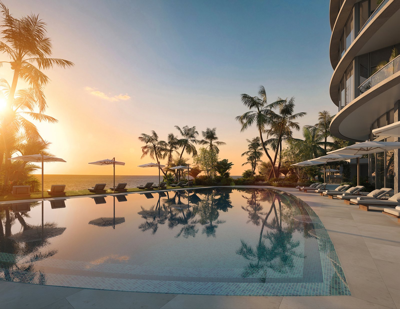 Rivage Bal Harbour pool with the tower rising behind it — developer rendering
