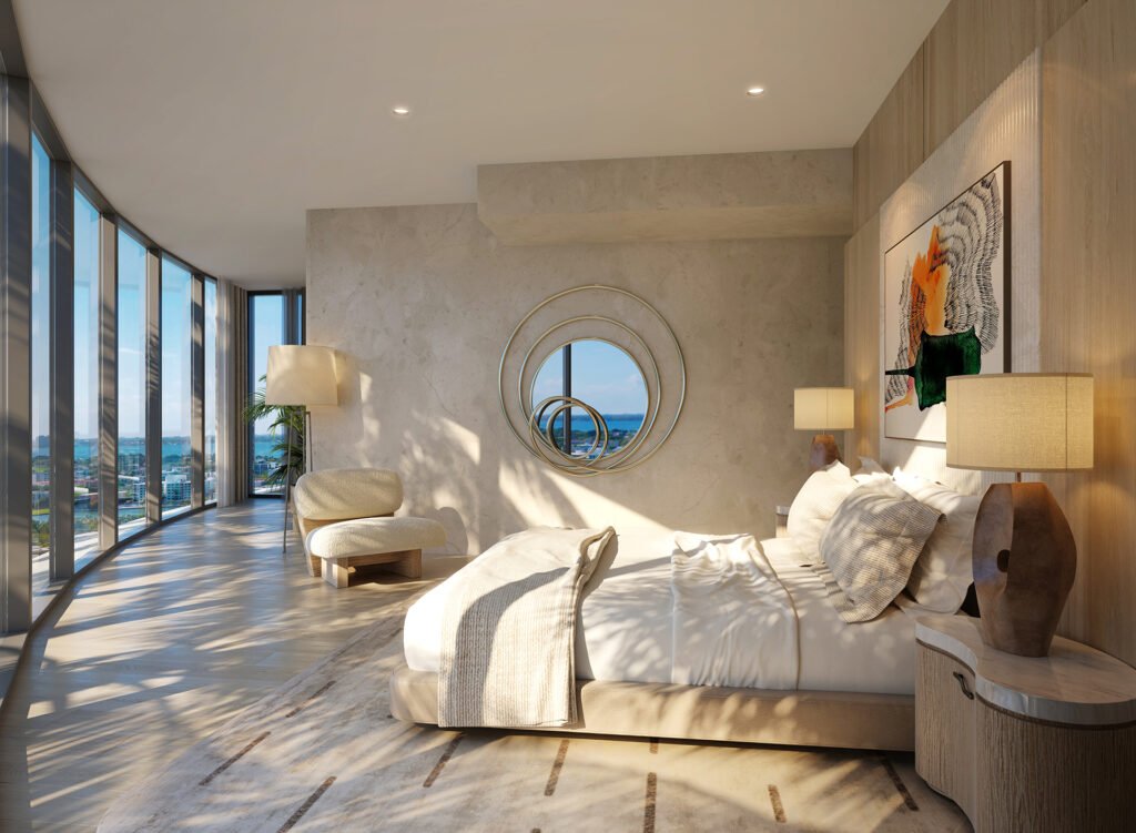 Rivage Bal Harbour primary bedroom with curved floor-to-ceiling glass — developer rendering