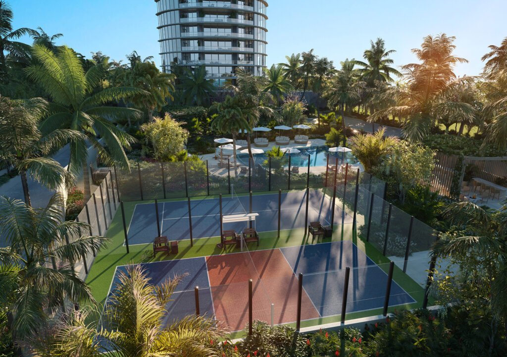 Rivage Bal Harbour tennis and padel courts from the air — developer rendering