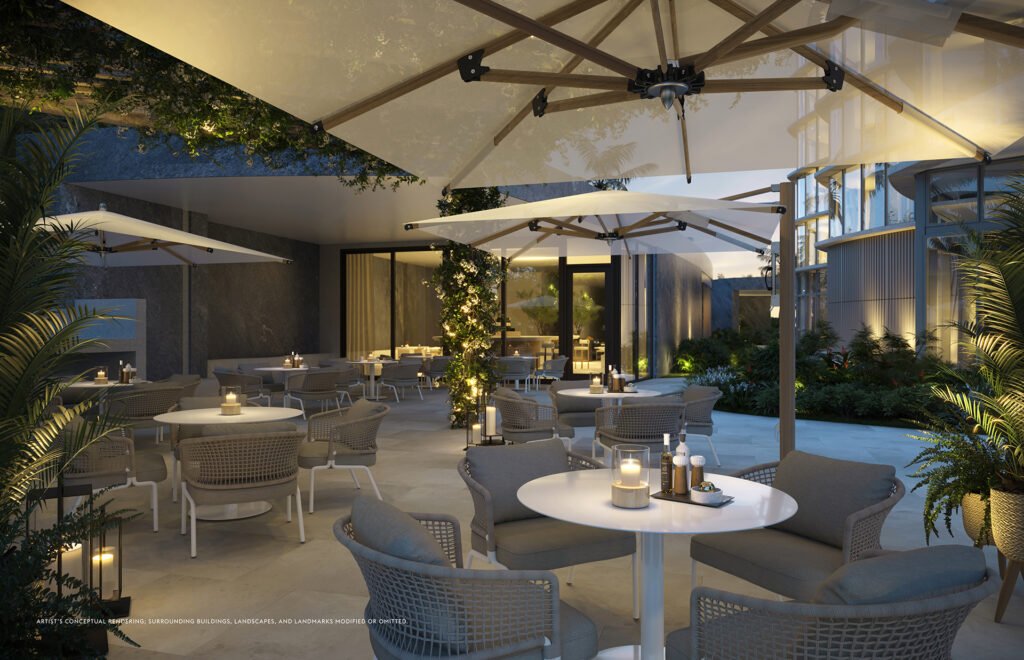Rivage Bal Harbour residents restaurant terrace at night — developer rendering