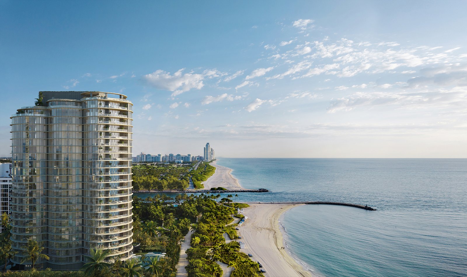 Rivage Bal Harbour above the beach with the Sunny Isles skyline beyond — developer rendering