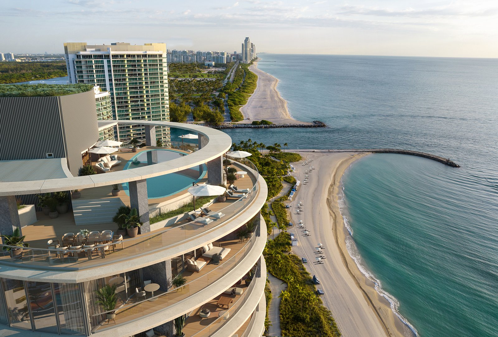 Rivage Bal Harbour curved balconies above the Bal Harbour coastline — developer rendering