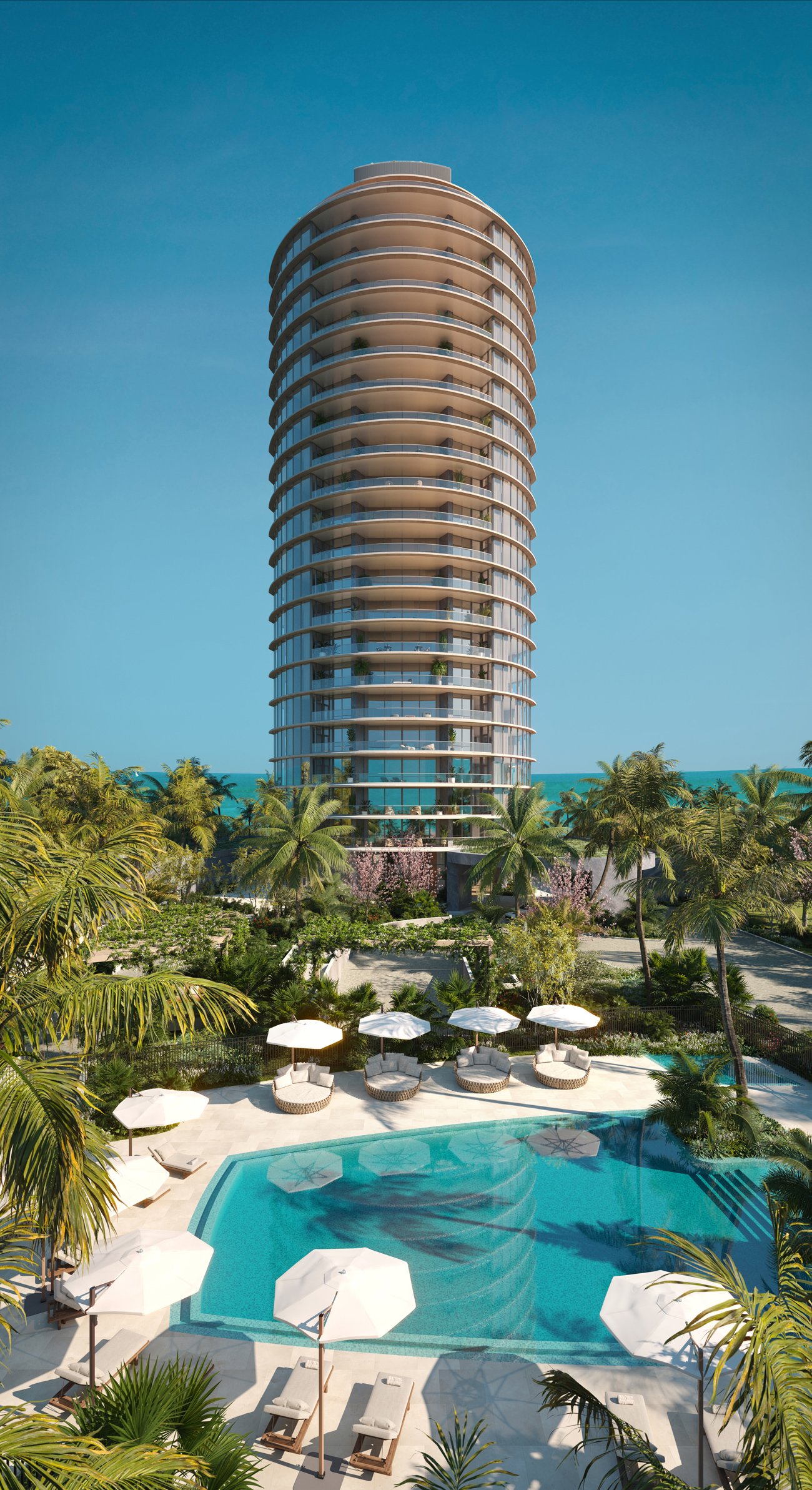Rivage Bal Harbour tower and pool deck from above — developer rendering
